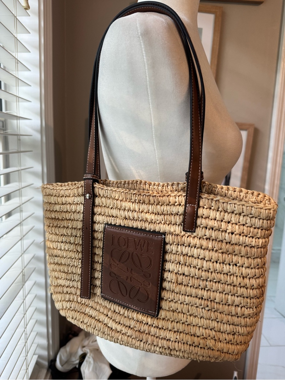 Dupe Beige Straw Tote with Brown Leather Trim and Patch